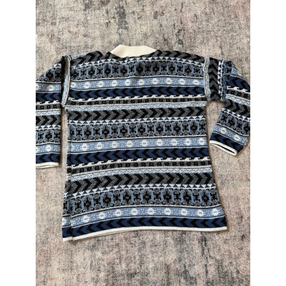 Vintage 90s Women’s Geometric Knit Sweater Mock Neck Blue Black White Acrylic M